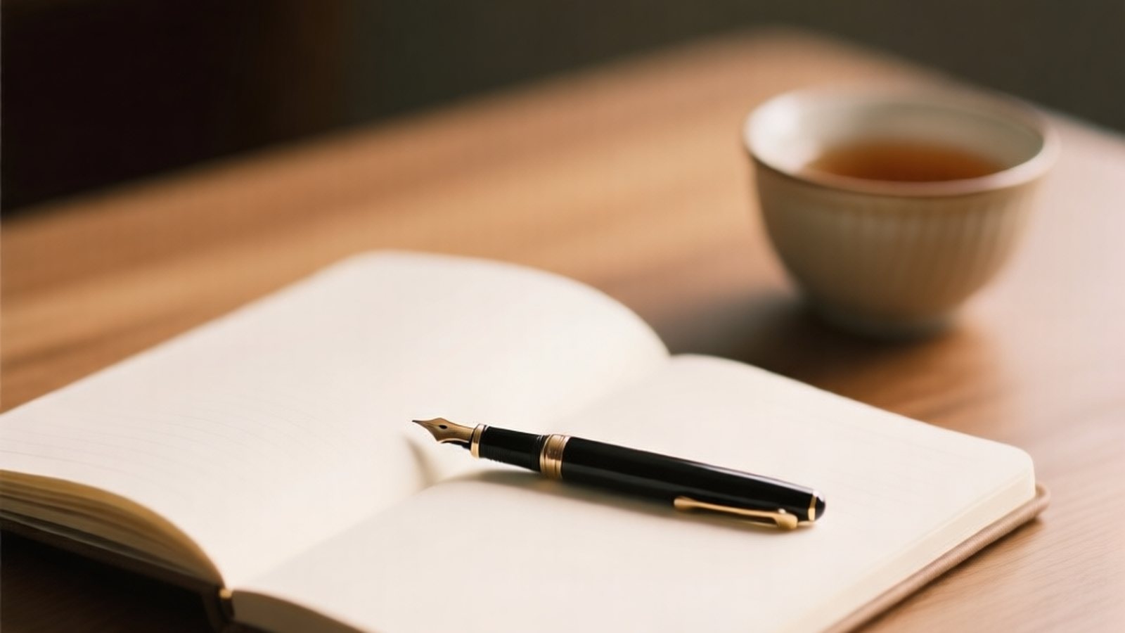 An open notebook and pen on a warm wooden desk