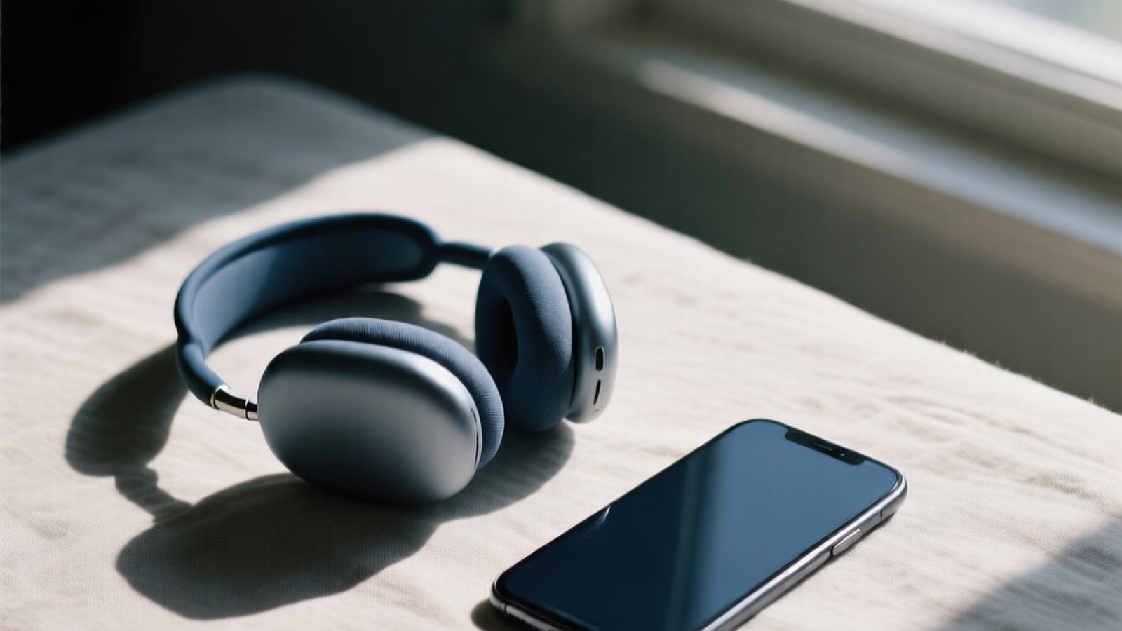 Headphones on a linen surface beside a phone — the setup for a five-minute session