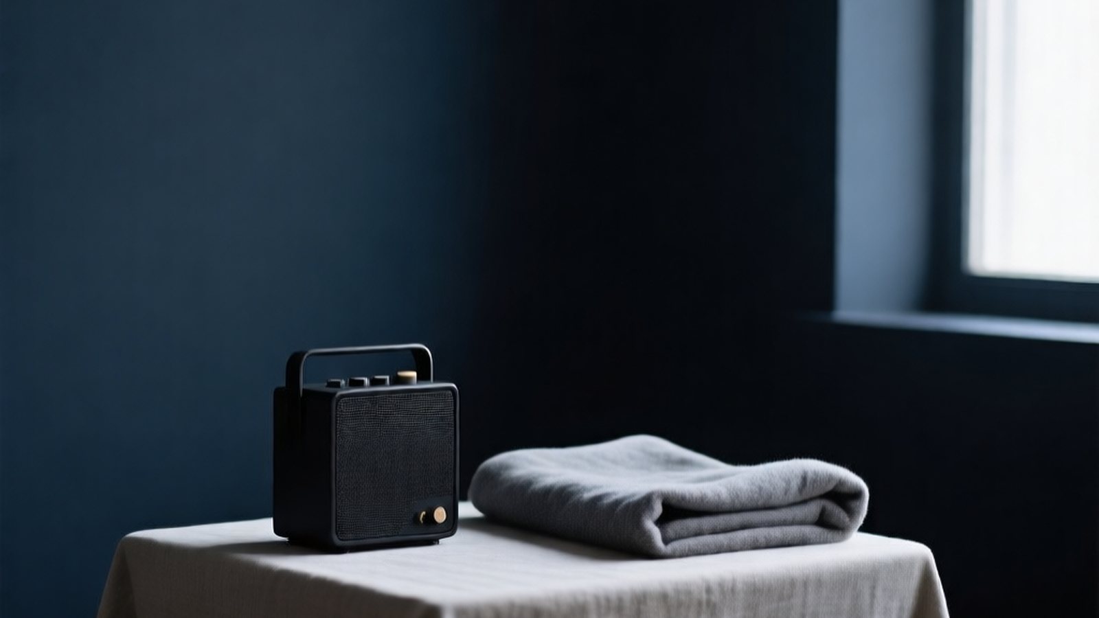 A small black noise machine on a linen side table beside a folded blanket