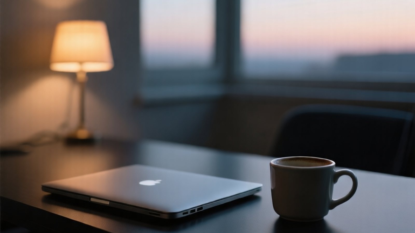 A closed laptop and an empty coffee cup at dusk