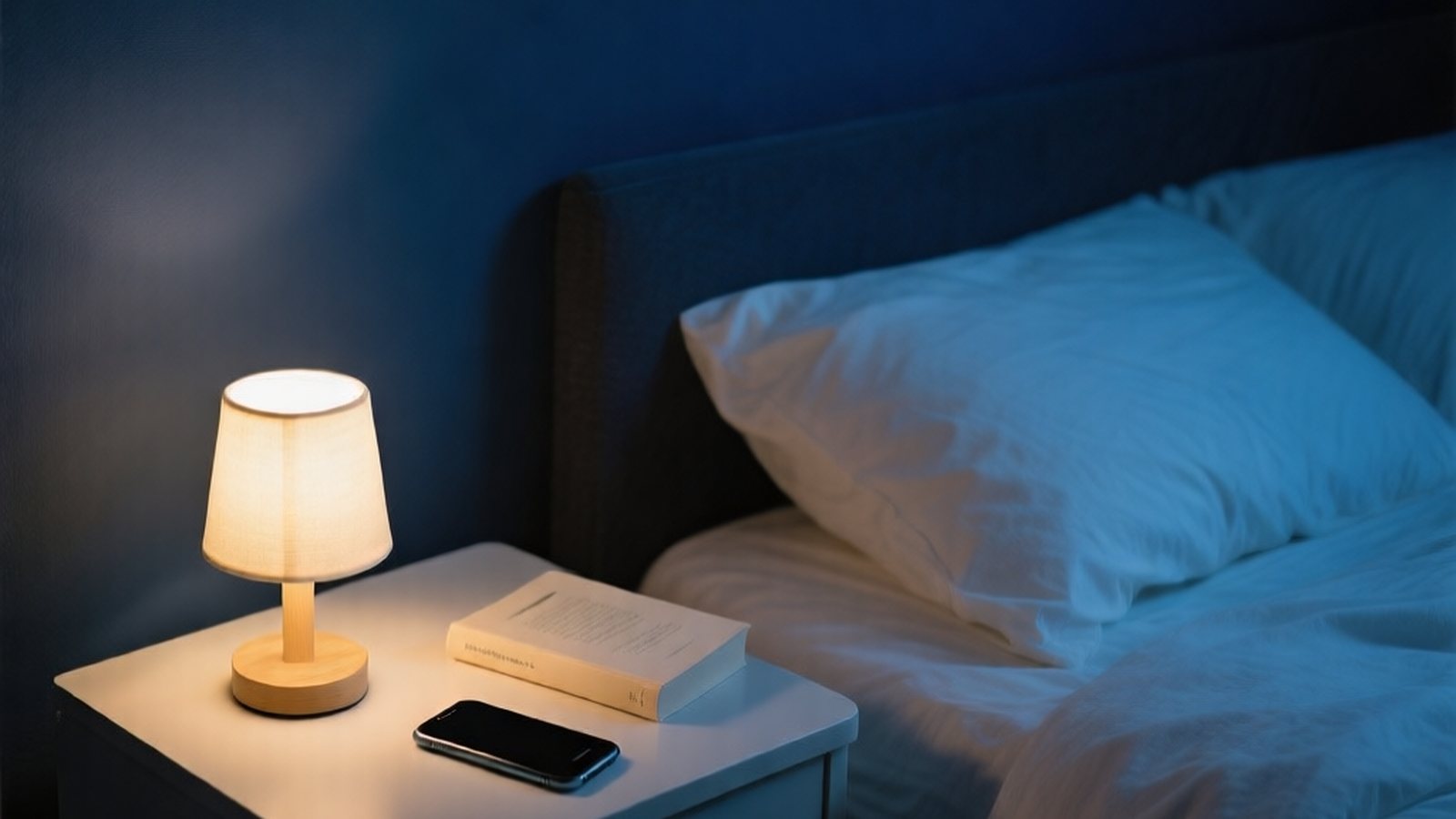 Bedside table with a phone face down, a warm lamp and a closed book